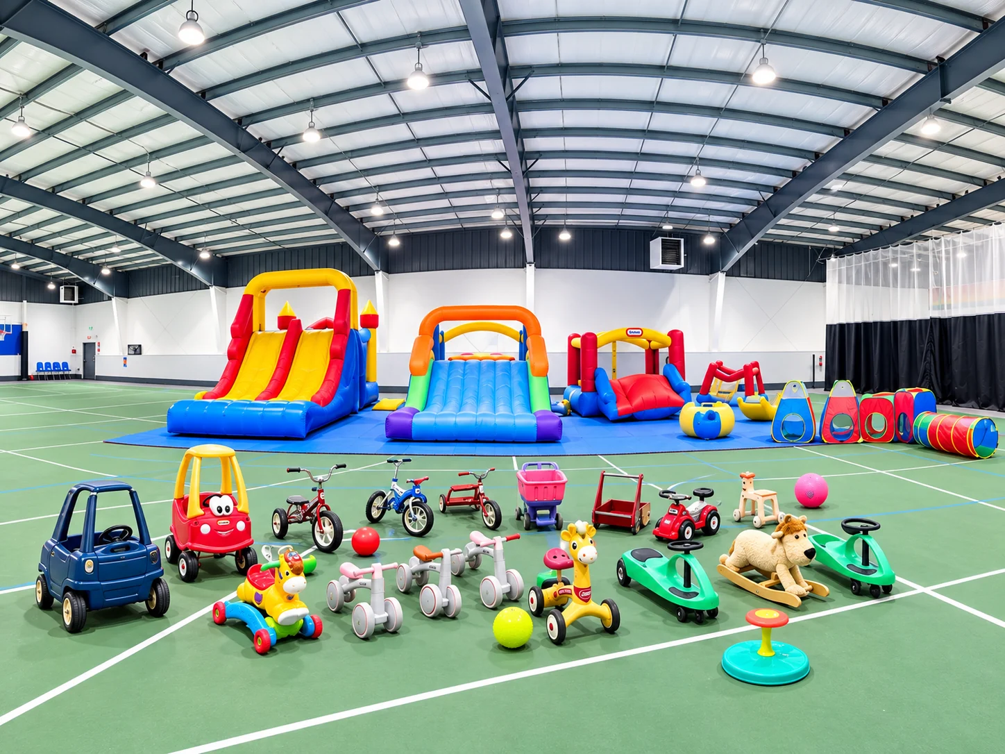 Celebrate play space with inflatables and ride-on toys